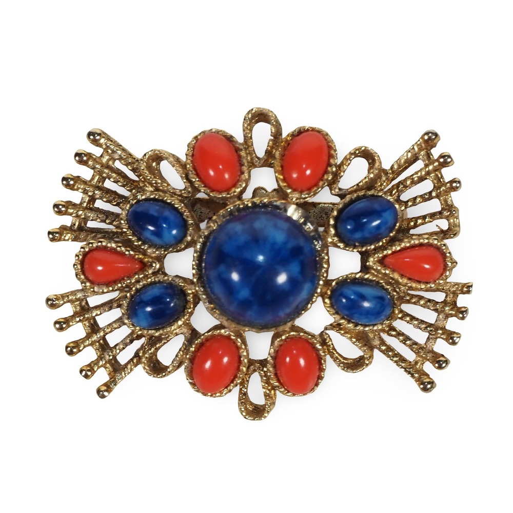 Vintage Capri Brooch Blue Red Cabochon Gold Tone Atomic Modernist Pin 2.25in